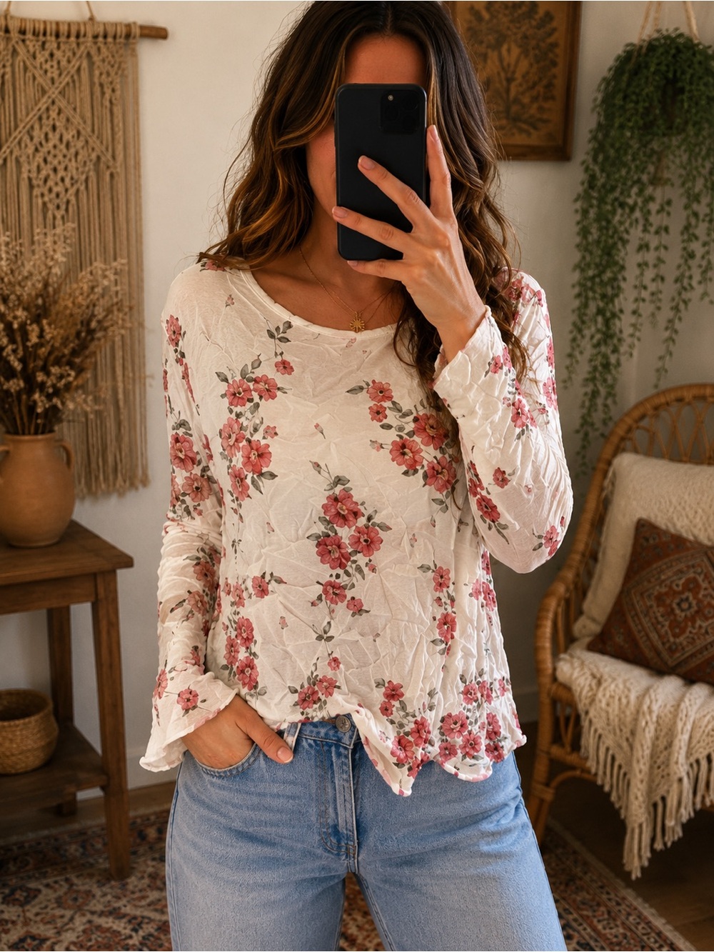Divided White Long-Sleeve Floral Ruffle-Hem Top